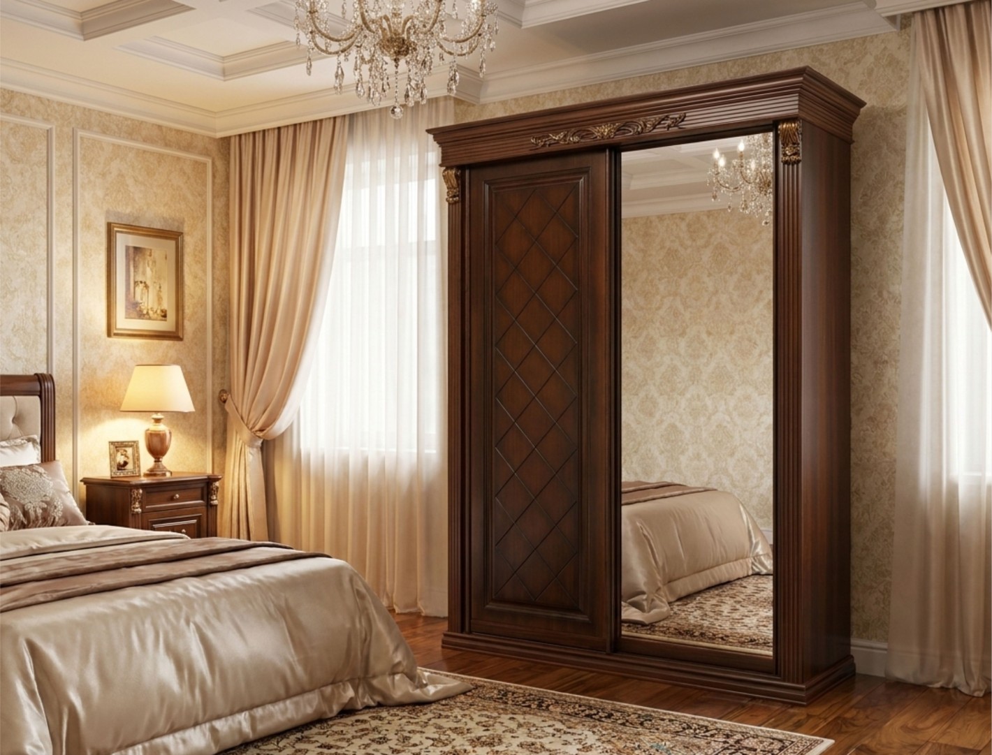 Шкаф-купе 3х ств. с вешалкой и распашным шкафом Б270.20Г Карамель/Патина Золото/Беж